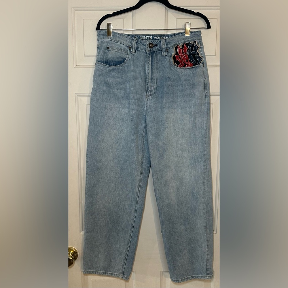 NINTH HALL AMBUSH Jeans Mens 3ox27 Blue Skull Embroidered Baggy Wide Leg VTG Y2K